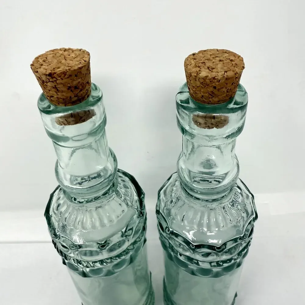 Vintage Green Glass Oil Vinegar Bottles w/ Cork Stoppers Made in Spain Set of 2